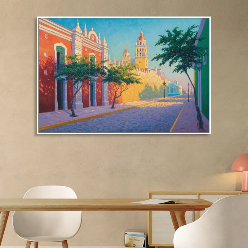 Campeche Walled City Sitting Room - White Canvas Wall Art