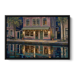 Canal Wine Bar at Night for the Home Bar - Black Framed Canvas Wall Art - Front