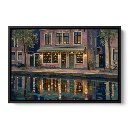 Canal Wine Bar at Night for the Home Bar - Black Framed Canvas Wall Art - Front