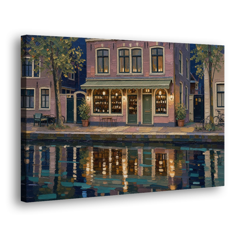 Canal Wine Bar at Night for the Home Bar - Canvas Wall Art - Side