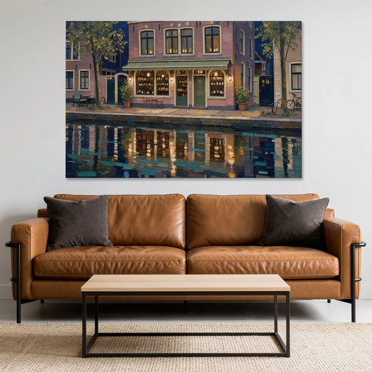 Canal Wine Bar at Night for the Home Bar - Canvas Wall Art - Sofa - 60x40