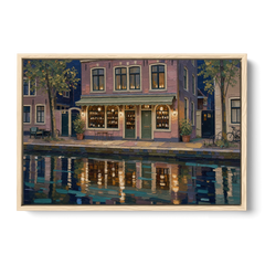 Canal Wine Bar at Night for the Home Bar - Oak Framed Canvas Wall Art - Front