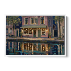 Canal Wine Bar at Night for the Home Bar - White Framed Canvas Wall Art - Front
