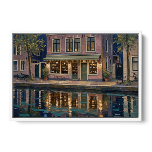 Canal Wine Bar at Night for the Home Bar - White Framed Canvas Wall Art - Front
