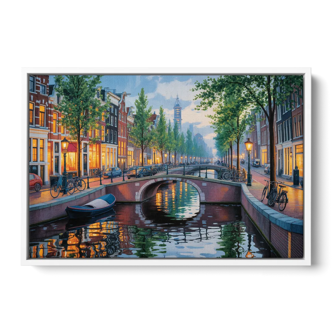 Canals of Amsterdam Front - White Canvas Wall Art
