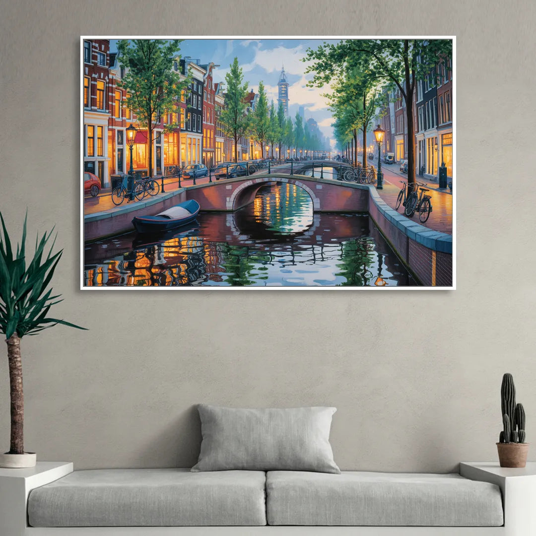 Canals of Amsterdam Sitting Room - White Canvas Wall Art