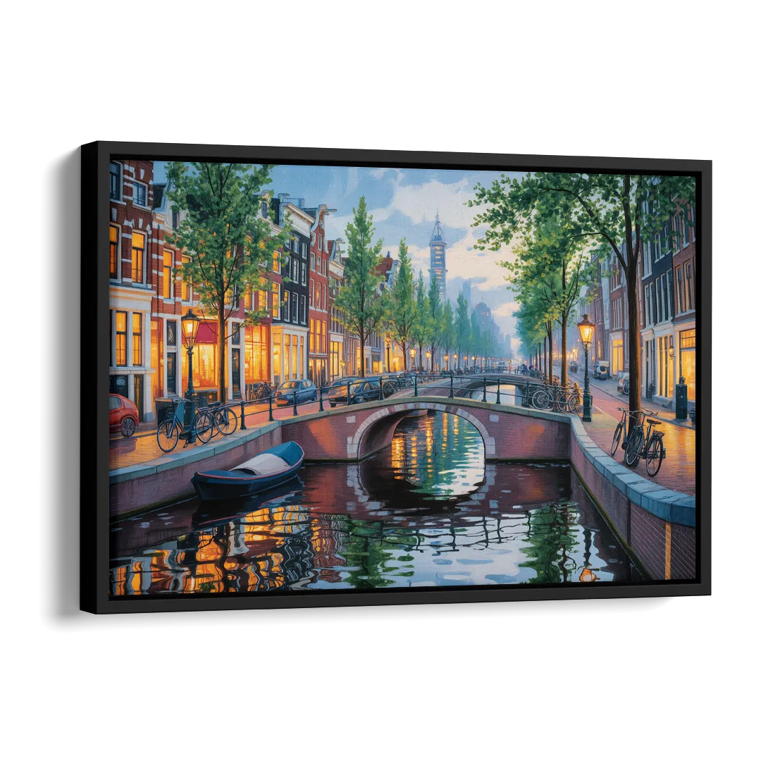 Canals of Amsterdam Side - Black Canvas Wall Art