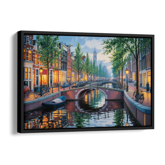 Canals of Amsterdam Side - Black Canvas Wall Art