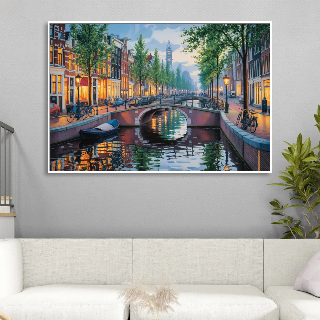 Canals of Amsterdam Living Room - White Canvas Wall Art