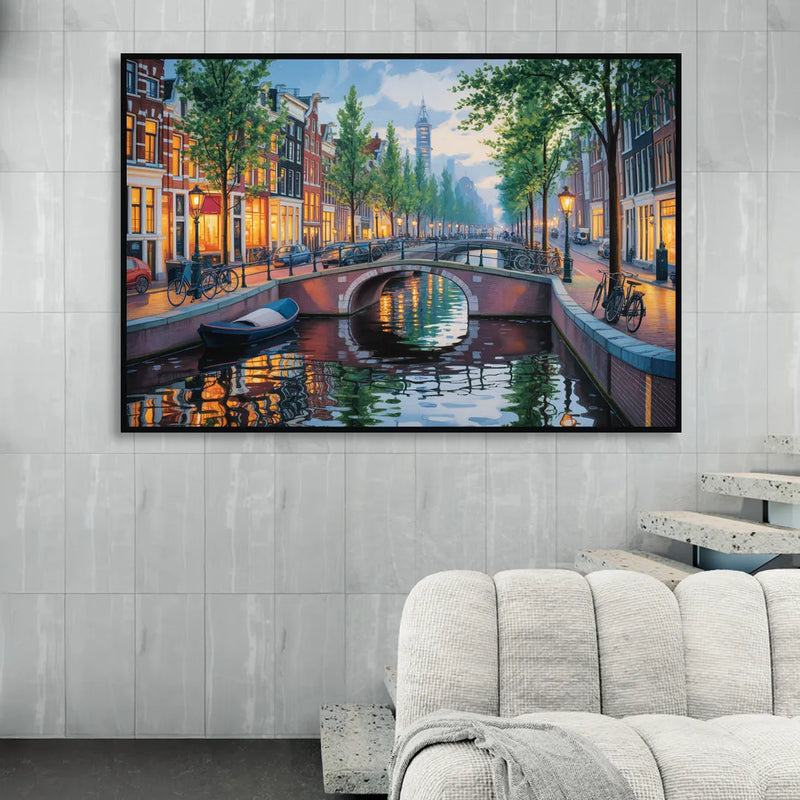 Canals of Amsterdam Living Room - Black Canvas Wall Art