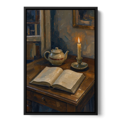 Candlelight Painting of a Writing Desk at Dusk - Black Framed Canvas Wall Art - Front