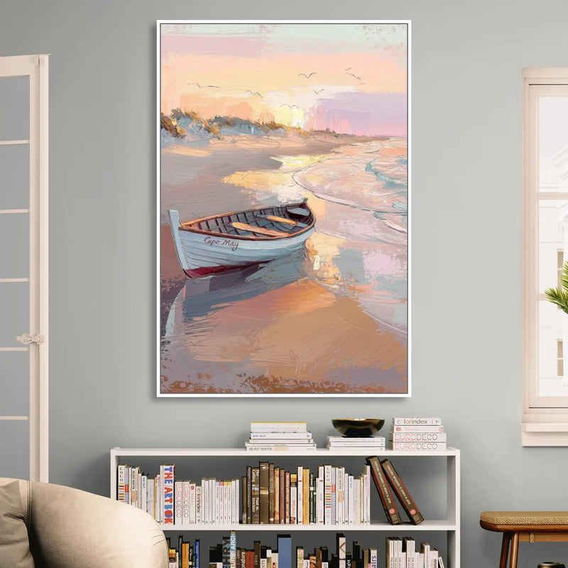 Cape May Beach Sunrise Living Room - White Canvas Wall Art