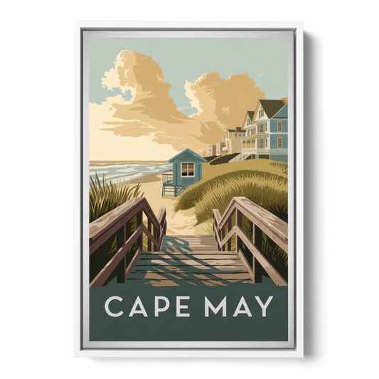 Cape May Boardwalk Views - White Framed Canvas Wall Art - Front