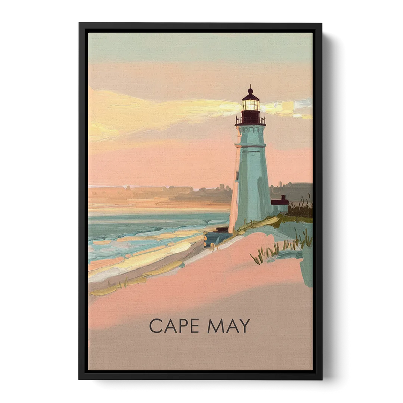 Cape May Lighthouse Glow Front - Black Canvas Wall Art