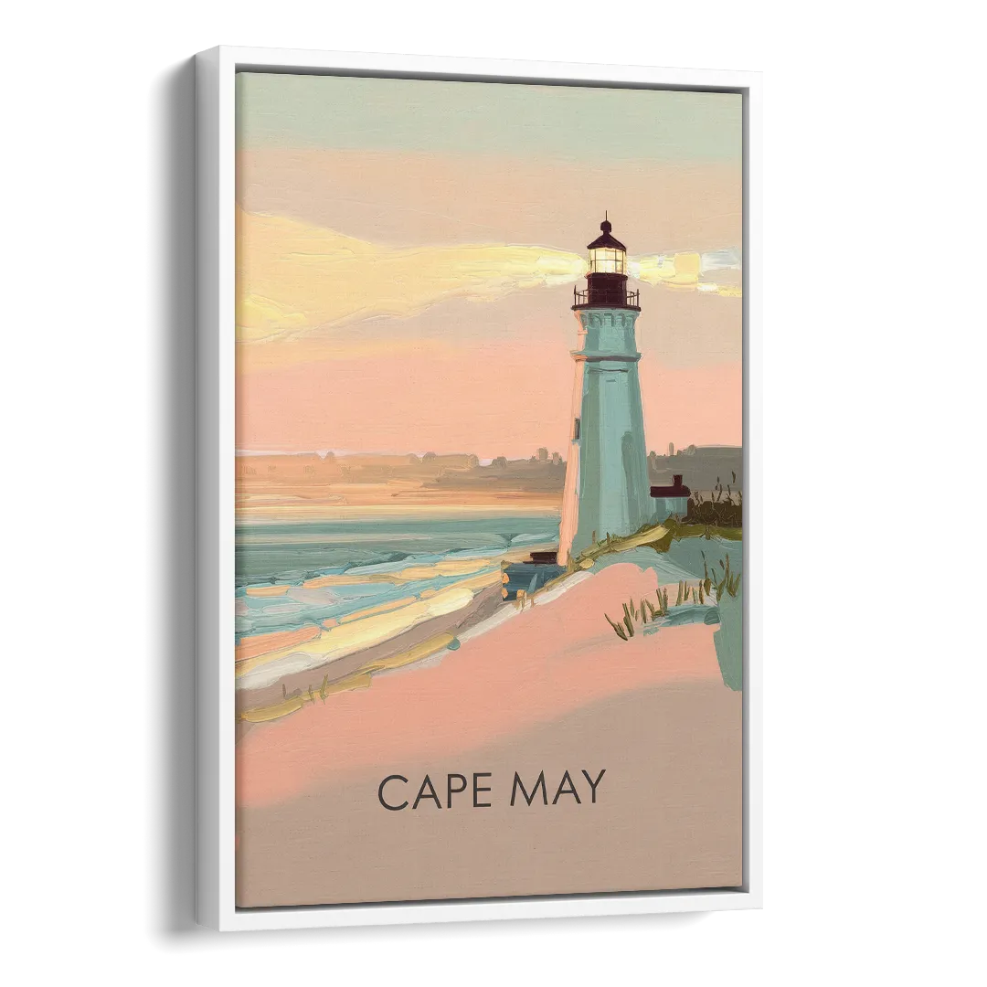 Cape May Lighthouse Glow Side - White Canvas Wall Art