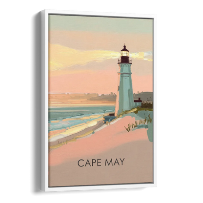 Cape May Lighthouse Glow Side - White Canvas Wall Art