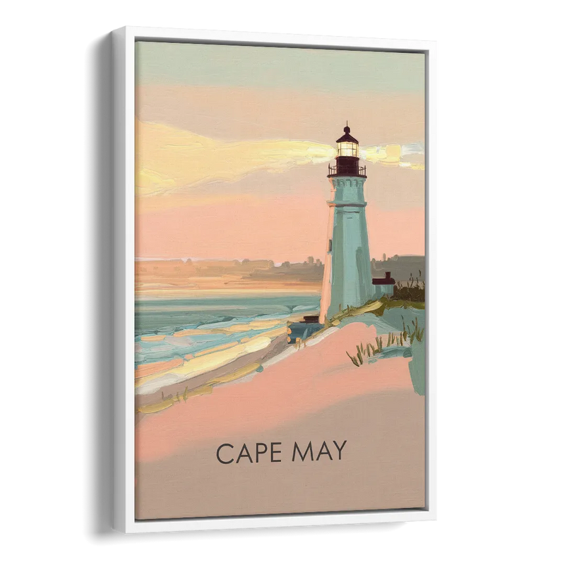 Cape May Lighthouse Glow Side - White Canvas Wall Art