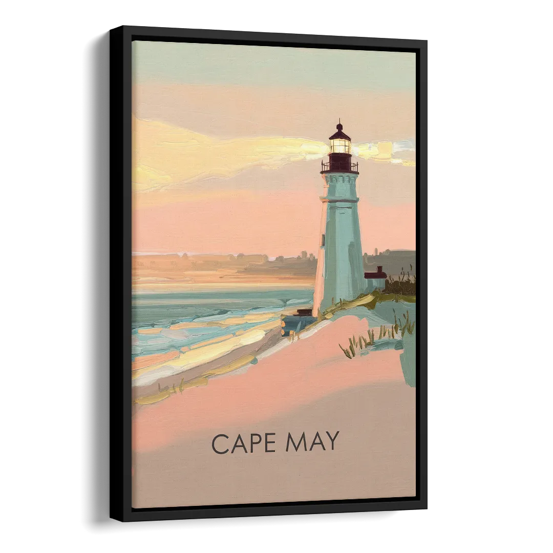 Cape May Lighthouse Glow Side - Black Canvas Wall Art