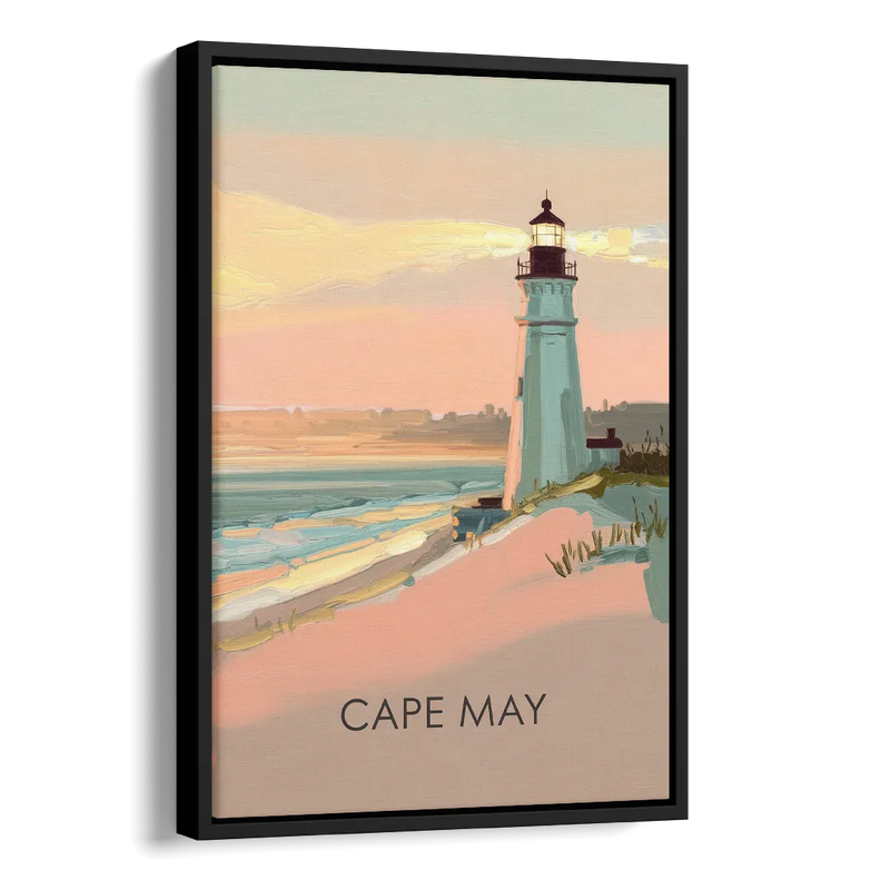 Cape May Lighthouse Glow Side - Black Canvas Wall Art