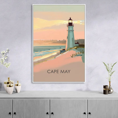 Cape May Lighthouse Glow Living Room - White Canvas Wall Art