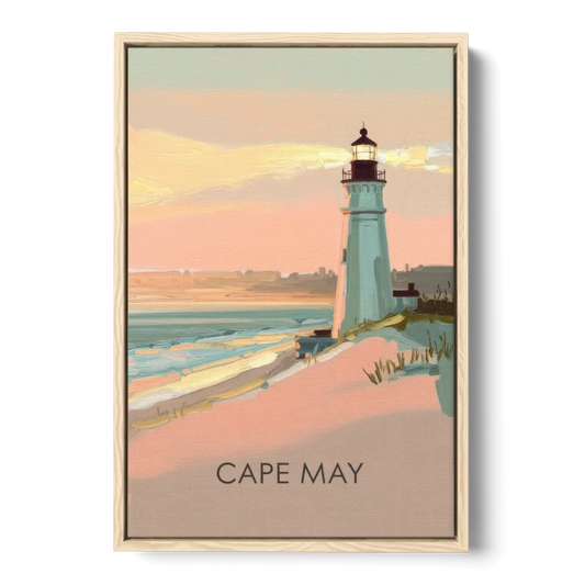 Cape May Lighthouse Glow - Oak Framed Canvas Wall Art - Front
