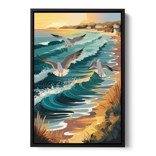 Cape May Seagulls in Flight - Black Framed Canvas Wall Art - Front
