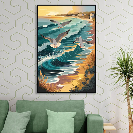 Cape May Seagulls in Flight Living Room - Black Canvas Wall Art