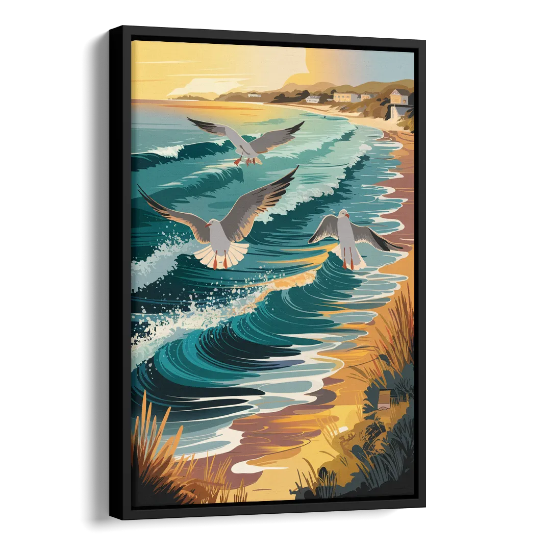 Cape May Seagulls in Flight Side - Black Canvas Wall Art