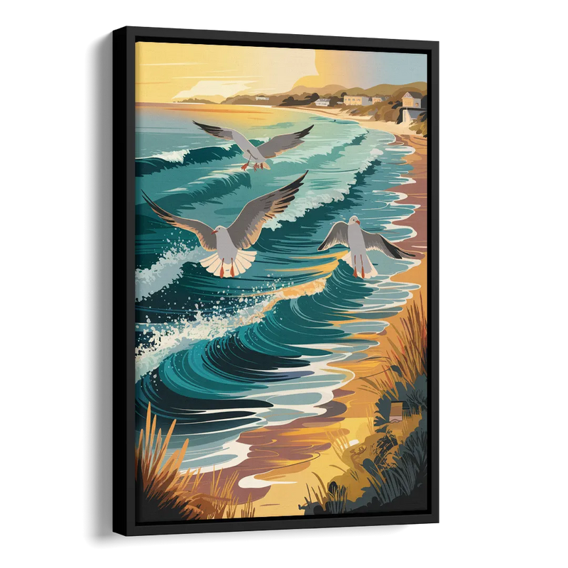 Cape May Seagulls in Flight Side - Black Canvas Wall Art