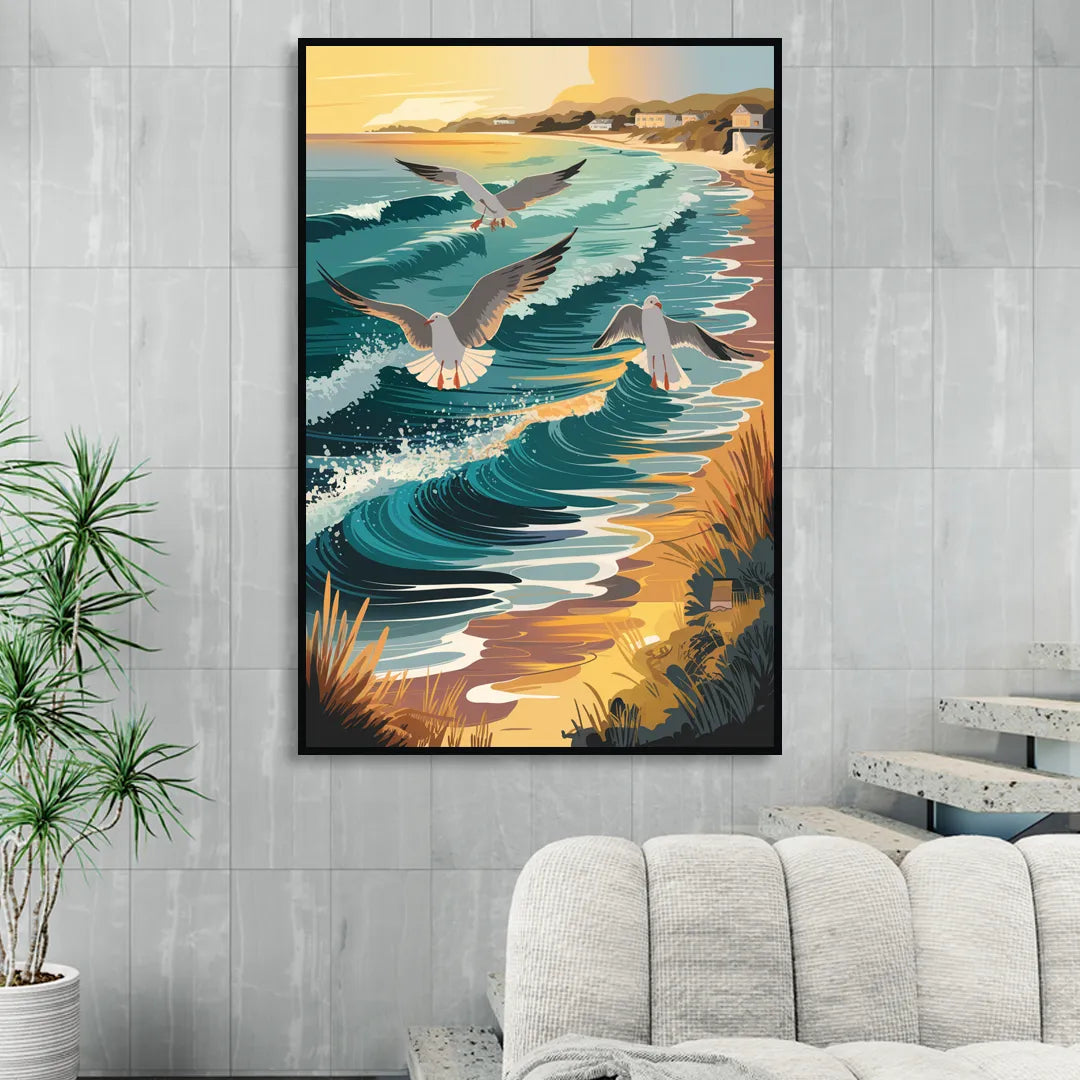 Cape May Seagulls in Flight Sitting Room - Black Canvas Wall Art