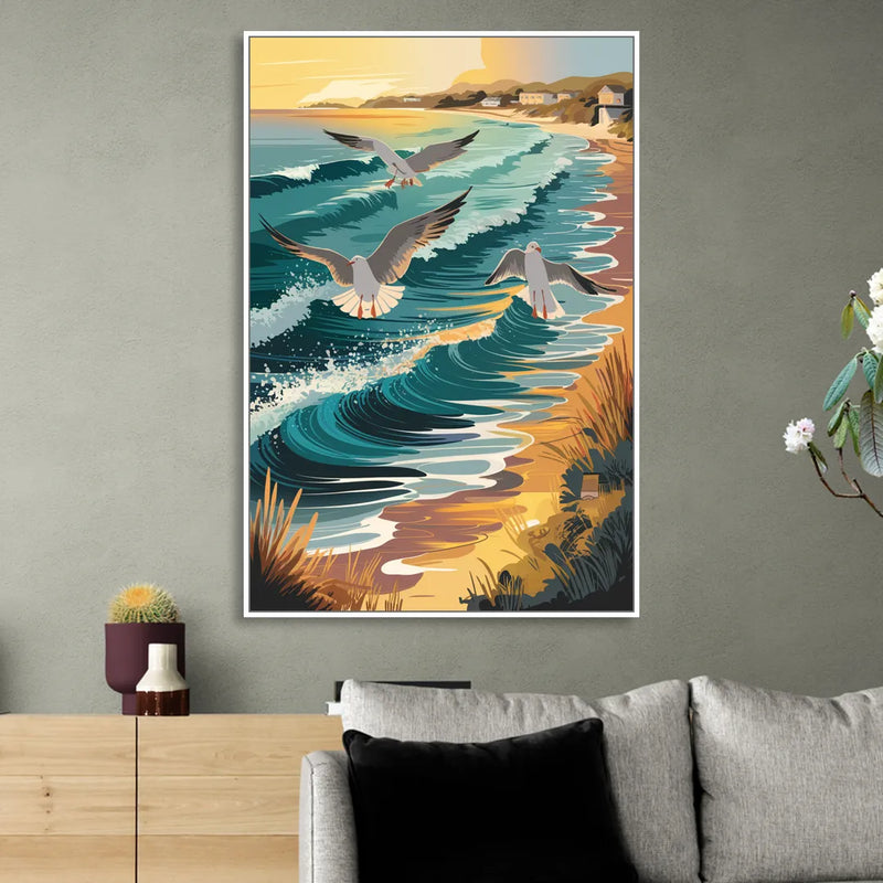 Cape May Seagulls in Flight Living Room - White Canvas Wall Art