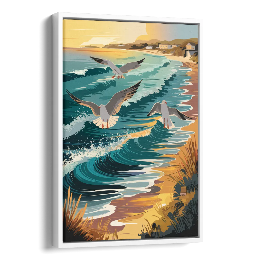 Cape May Seagulls in Flight Side - White Canvas Wall Art