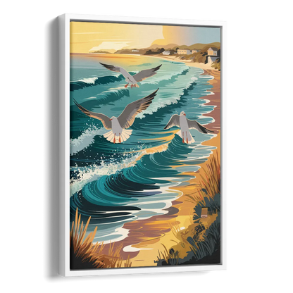 Cape May Seagulls in Flight Side - White Canvas Wall Art