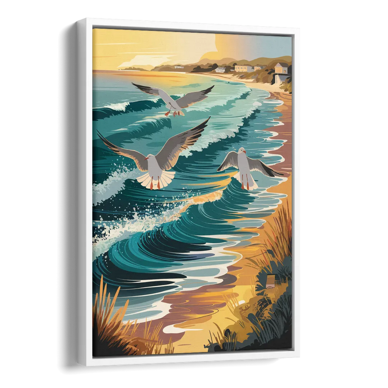 Cape May Seagulls in Flight Side - White Canvas Wall Art