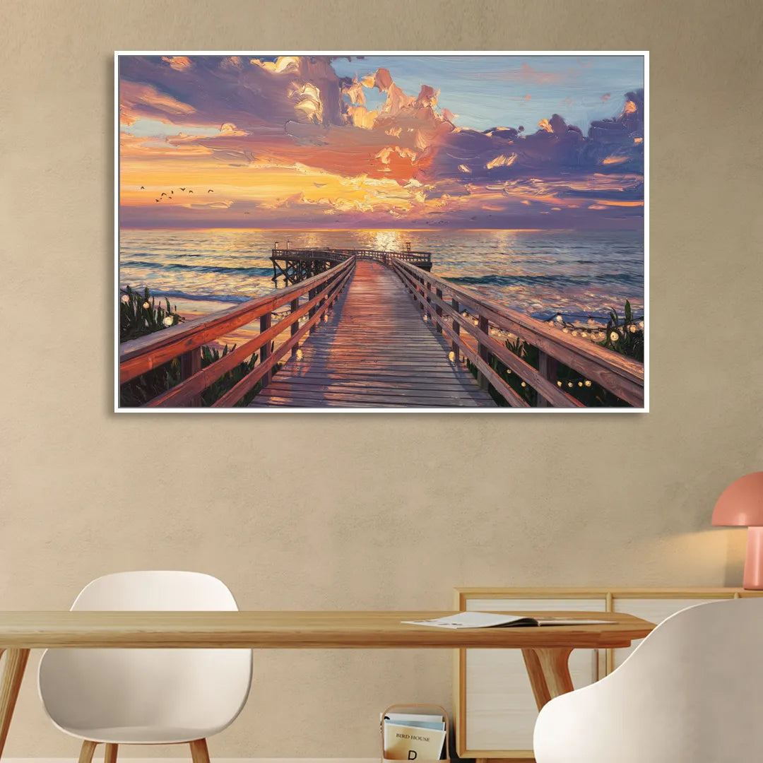 Cape May Sunset Pier Living Room - White Canvas Wall Art