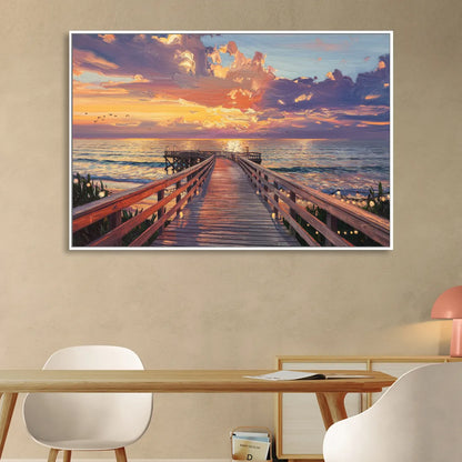 Cape May Sunset Pier Living Room - White Canvas Wall Art
