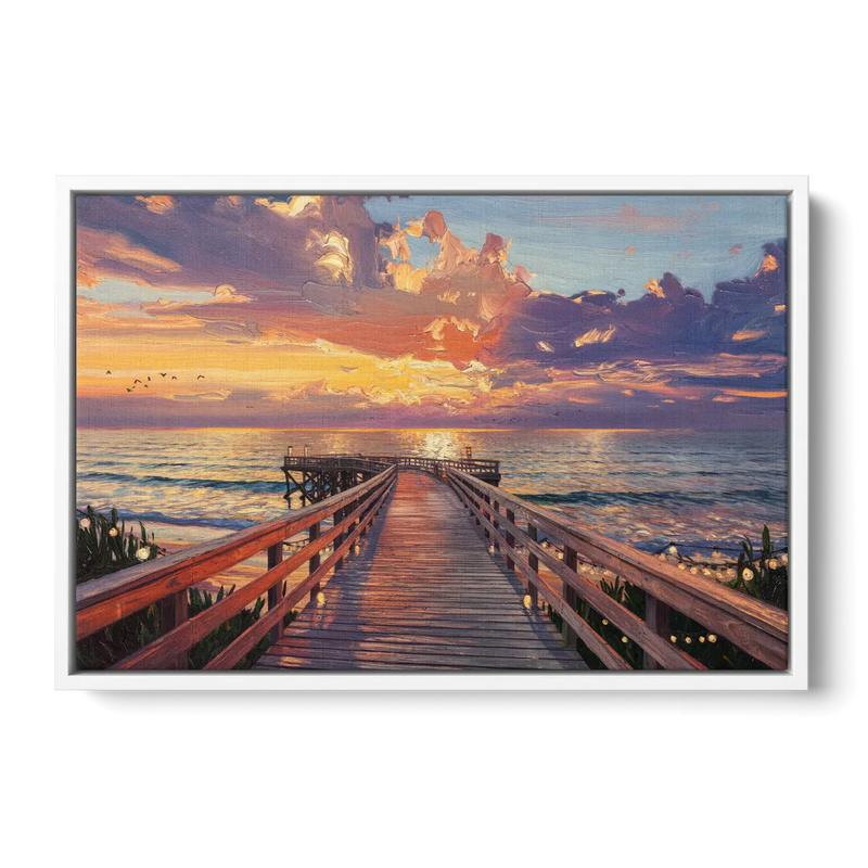 Cape May Sunset Pier Front - White Canvas Wall Art