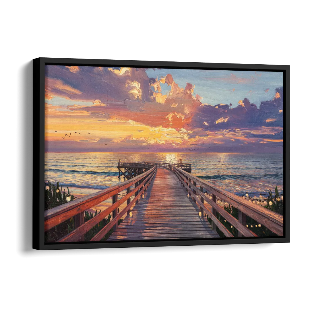 Cape May Sunset Pier Side - Black Canvas Wall Art