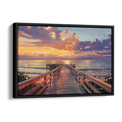 Cape May Sunset Pier Side - Black Canvas Wall Art