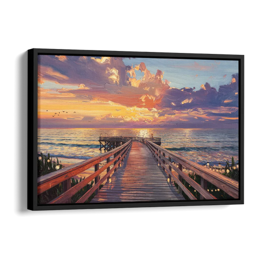 Cape May Sunset Pier Side - Black Canvas Wall Art