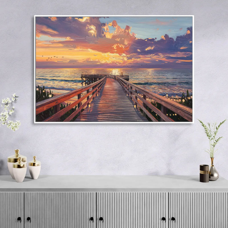 Cape May Sunset Pier Sitting Room - White Canvas Wall Art