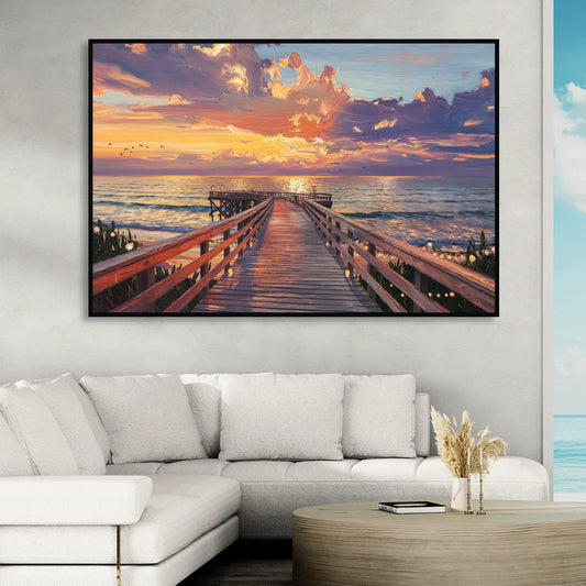 Cape May Sunset Pier Living Room - Black Canvas Wall Art