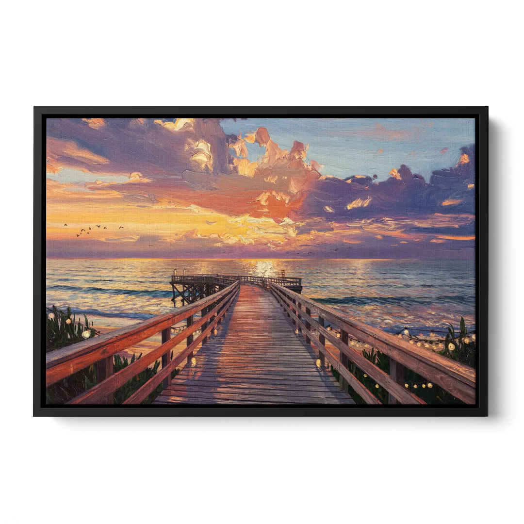 Cape May Sunset Pier Front - Black Canvas Wall Art