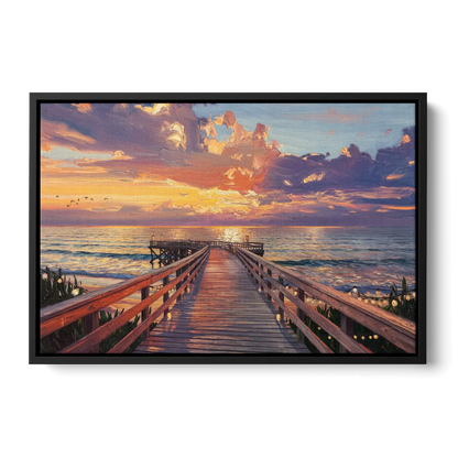 Cape May Sunset Pier Front - Black Canvas Wall Art