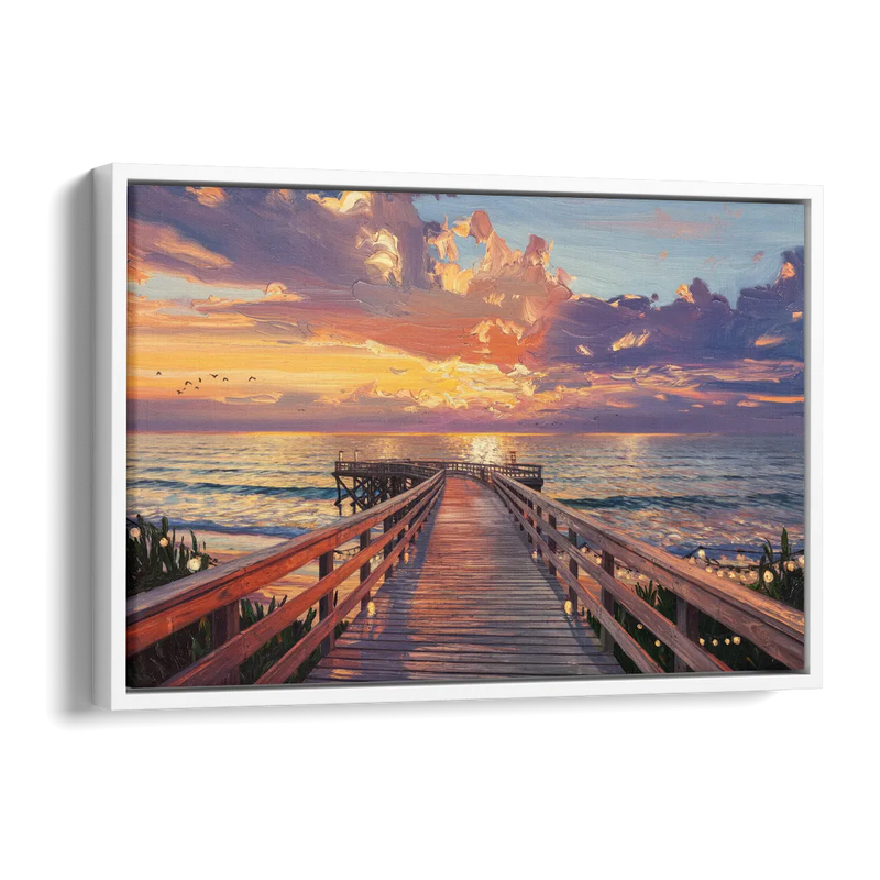 Cape May Sunset Pier Side - White Canvas Wall Art