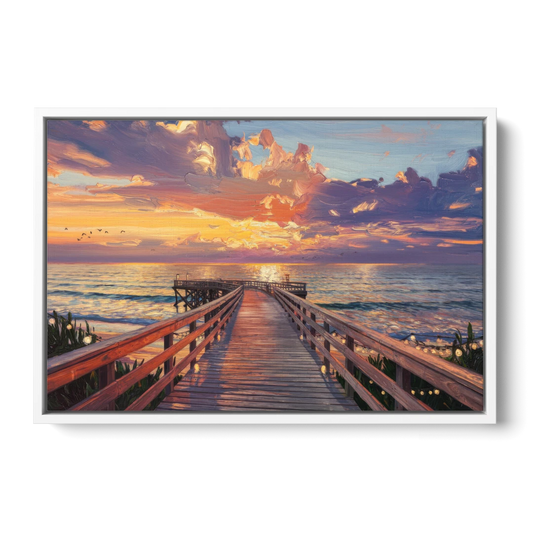 Cape May Sunset Pier - White Framed Canvas Wall Art - Front