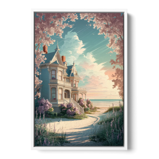 Cape May Victorian Charm - White Framed Canvas Wall Art - Front