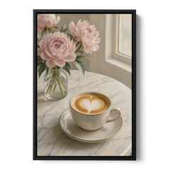 Cappuccino Heart with Blush Peonies for the Kitchen - Black Framed Canvas Wall Art - Front
