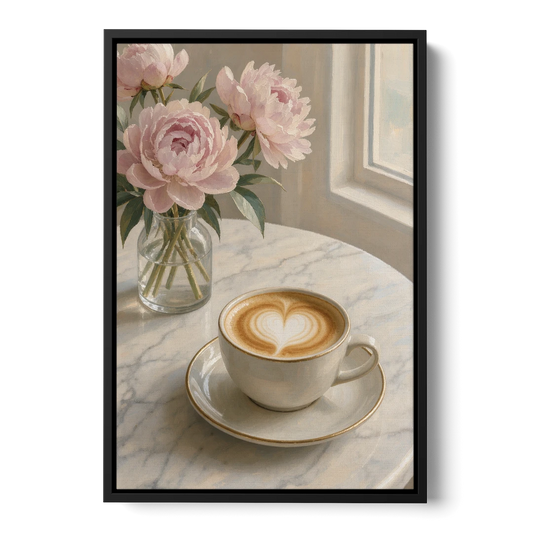 Cappuccino Heart with Blush Peonies for the Kitchen - Black Framed Canvas Wall Art - Front