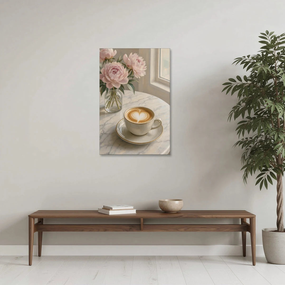 Cappuccino Heart with Blush Peonies - Canvas Wall Art - Coffee Table - 24x36